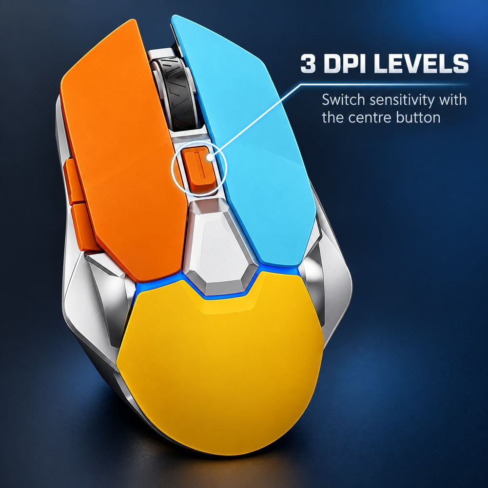 G-OUSSVE Rechargeable 2.4G Wireless Gaming Mouse, 3 DPI Levels, Orange Blue
