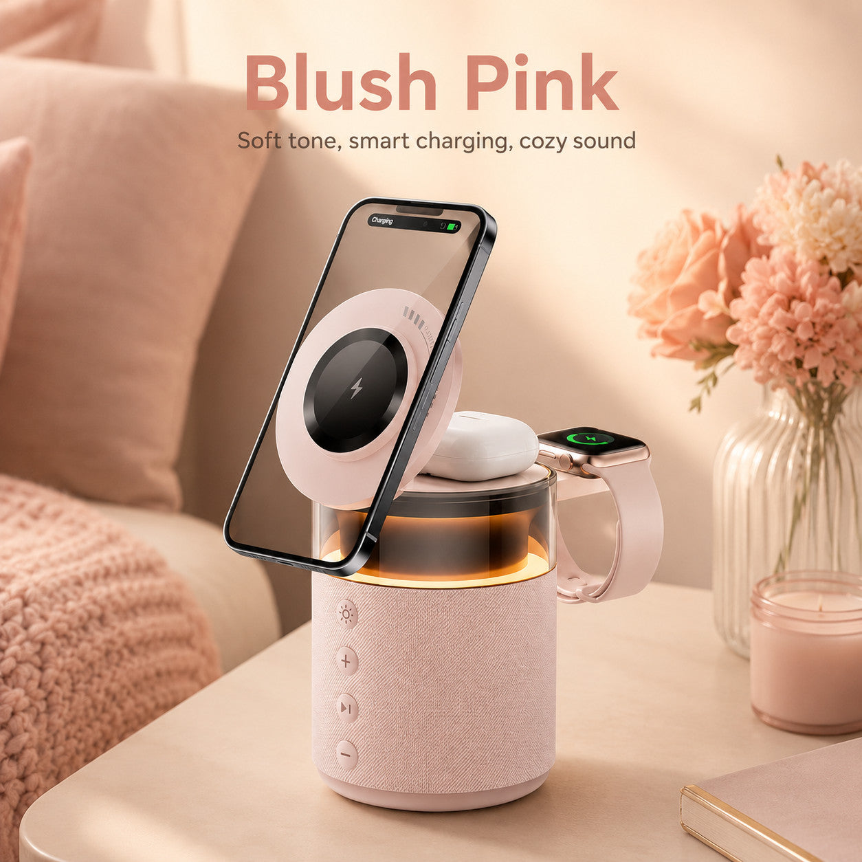 G-OUSSVE 3-in-1 Magnetic Wireless Charging Speaker, Bluetooth Speaker, 15W iPhone Charger, Warm Night Light & Device Stand