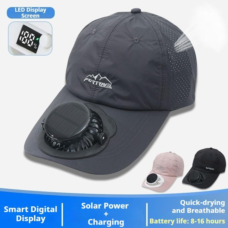 Summer Breathable Solar-Charging Fan Hat for Adults - Sun Protection Outdoor Baseball Cap with 1000mAh Battery, 8-16Hrs Runtime & Digital Display