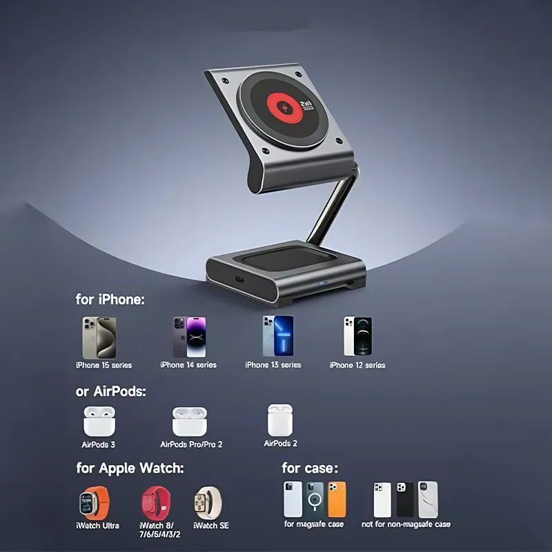 GIVBRO Magsafe Magnetic Wireless Charger Qi Folding Stand Suitable for Apple 16 iPhone 15 Pro 2-in-1 Expansion Phone Earphones Watch 3-in-1 27W Fast Charging Base Portable