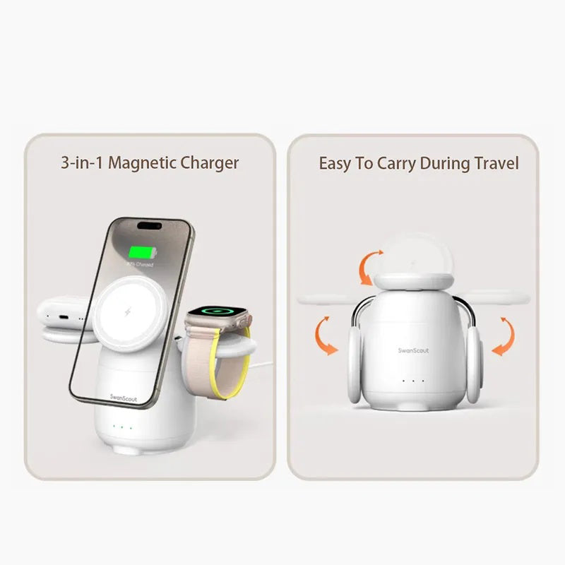 supports Qi2 protocol White Pigeon for Apple 12-15 Series iPhone iWatch AirPods Headset 3-in-1 Magnetic Wireless Charger