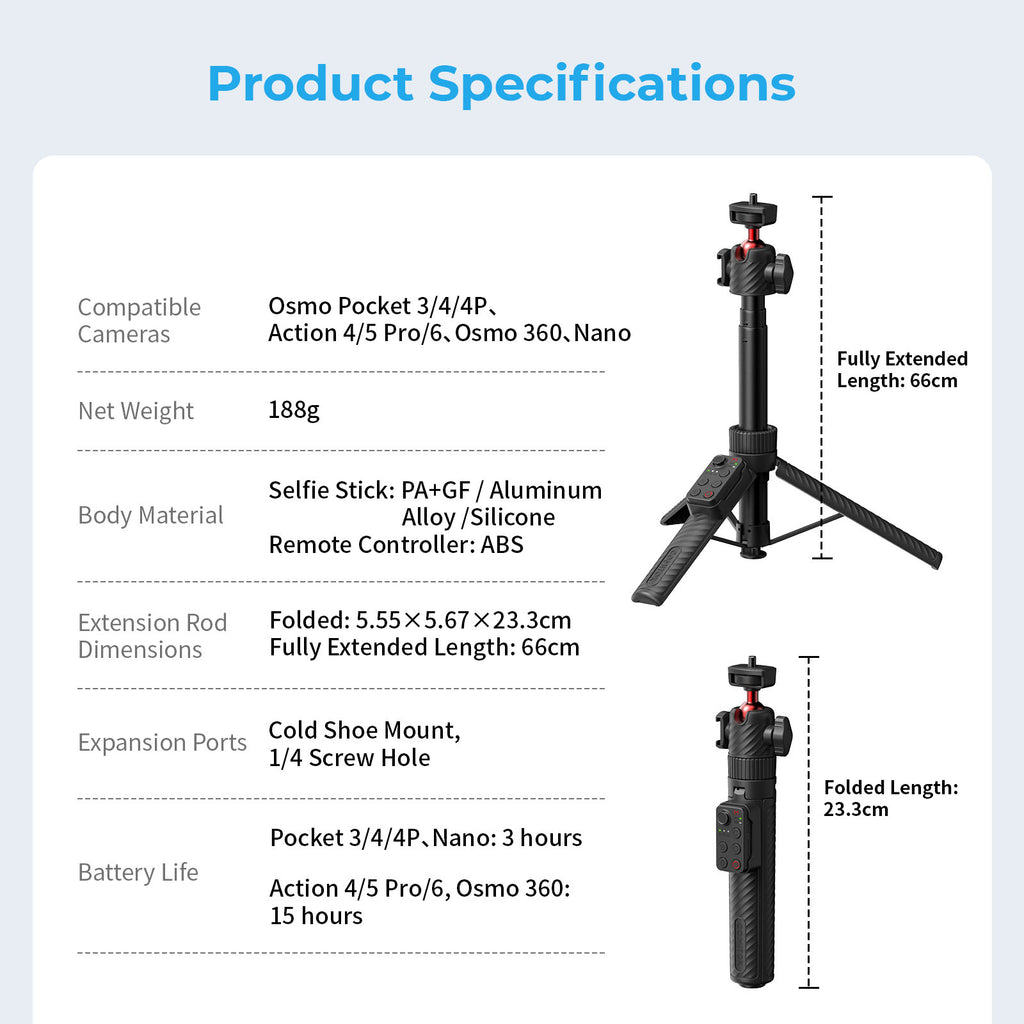 G-OUSSVE  Remote-Control Selfie Stick & Tripod for Pocket and Action Cameras, 66cm Extension Pole with Detachable Remote