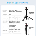 G-OUSSVE  Remote-Control Selfie Stick & Tripod for Pocket and Action Cameras, 66cm Extension Pole with Detachable Remote