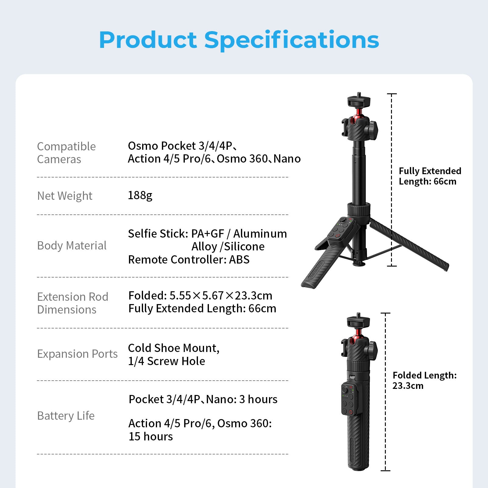 G-OUSSVE  Remote-Control Selfie Stick & Tripod for Pocket and Action Cameras, 66cm Extension Pole with Detachable Remote