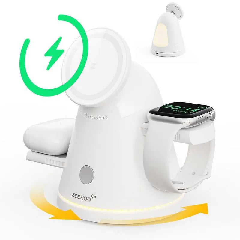 4-in-1 Wireless Charging Station for Apple, 15W Qi2 Mag-safe Charger with Dimmable Light & 360° Rotating Phone Stand, Fast Charger for iPhone 16–12, AirPods, Apple Watch & Samsung Watch
