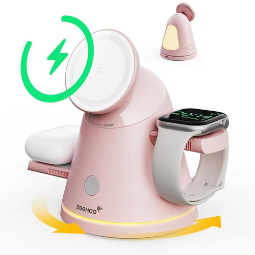 4-in-1 Wireless Charging Station for Apple, 15W Qi2 Mag-safe Charger with Dimmable Light & 360° Rotating Phone Stand, Fast Charger for iPhone 16–12, AirPods, Apple Watch & Samsung Watch