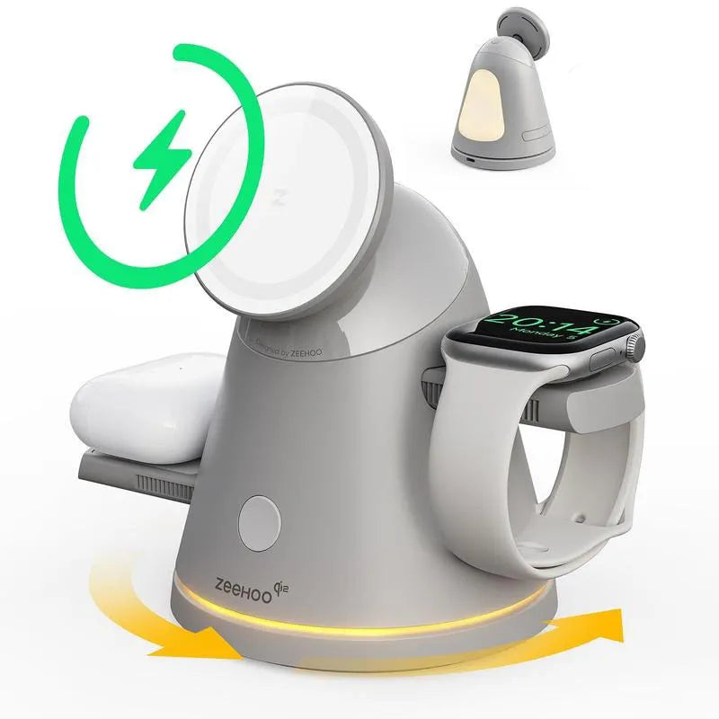4-in-1 Wireless Charging Station for Apple, 15W Qi2 Mag-safe Charger with Dimmable Light & 360° Rotating Phone Stand, Fast Charger for iPhone 16–12, AirPods, Apple Watch & Samsung Watch