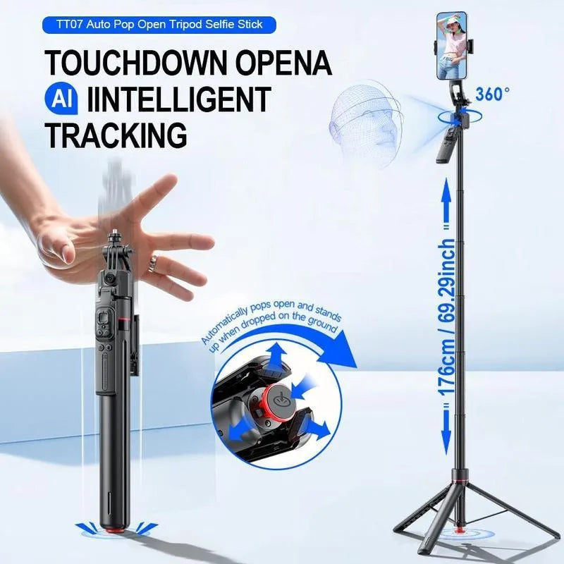 1.76m Tracking Function Automatic Pop-open Tripod Stand for Cell Phone, Detachable Phone Clip, Gesture Controls The Stable Tripod, Selfie Accessories