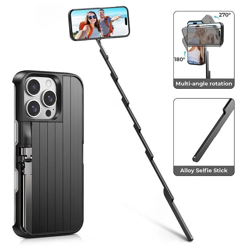 Concert Phone Case with Selfie Stick 3-in-1 Foldable iPhone Case Slim Vertical Design Rotatable Mount Bluetooth Remote Shooting Multi-Angle Rotation Folding Stand for Travel & Vlogging