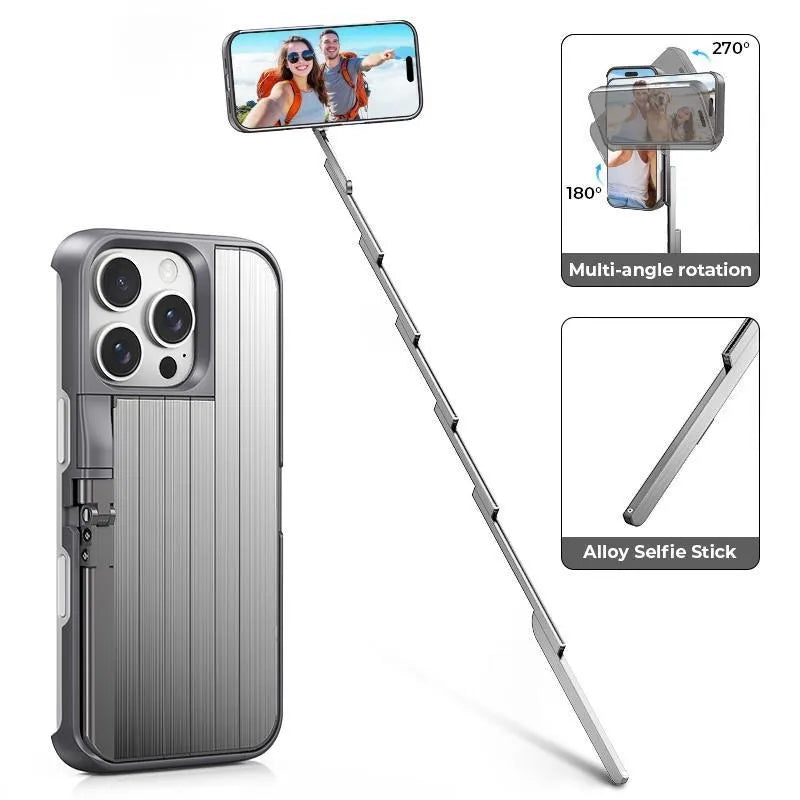 Concert Phone Case with Selfie Stick 3-in-1 Foldable iPhone Case Slim Vertical Design Rotatable Mount Bluetooth Remote Shooting Multi-Angle Rotation Folding Stand for Travel & Vlogging