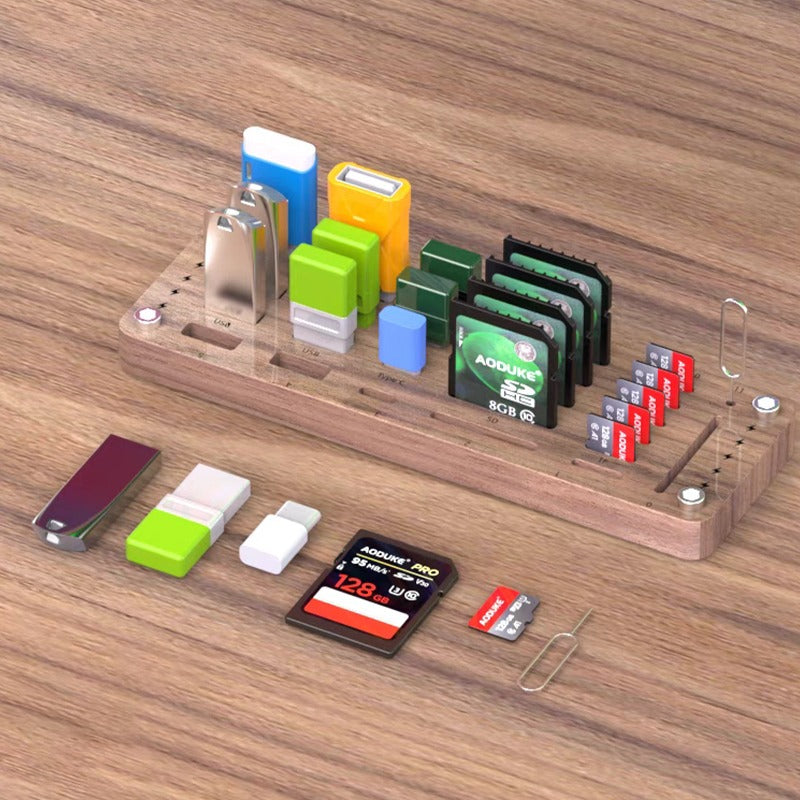 Transparent Wood SD Memory Card Storage Case, TF USB Disk, Type C SIM Card Pick-up Needle, Storage, Sorting Protective Base