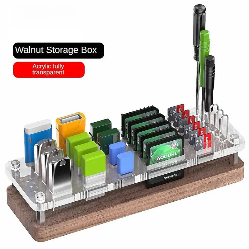 Transparent Wood SD Memory Card Storage Case, TF USB Disk, Type C SIM Card Pick-up Needle, Storage, Sorting Protective Base