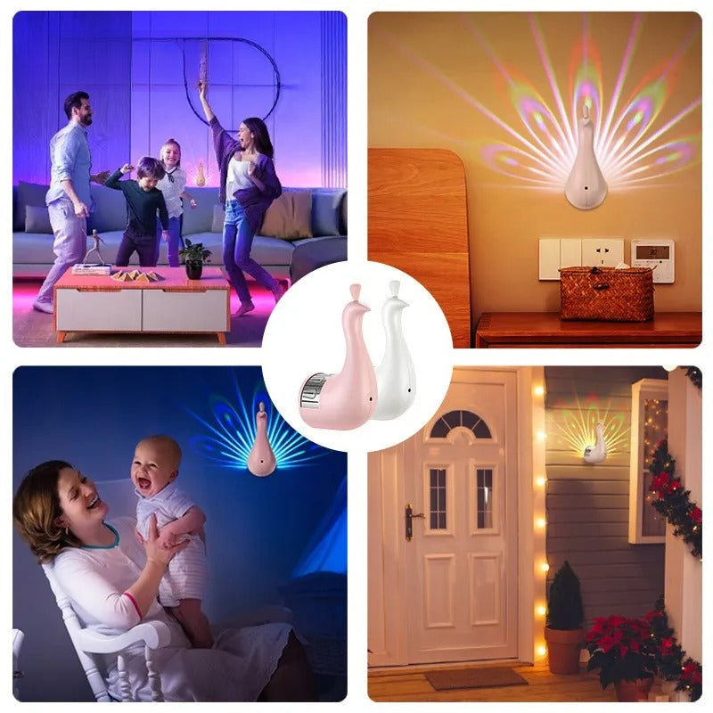 Peacock Lamp, Peacock Wall Light, 7 Color Ambient Projection Lamp with Remote Control, USB Charging Rainbow Peacock Nightlight, LED Wall Table Decor for Home Living Room Office