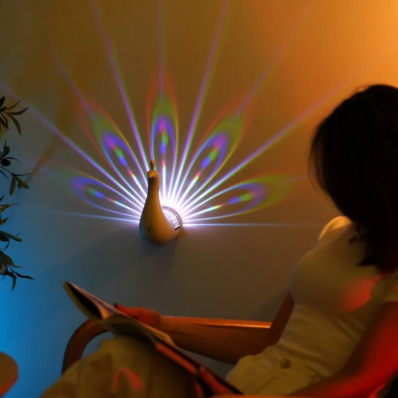 Peacock Lamp, Peacock Wall Light, 7 Color Ambient Projection Lamp with Remote Control, USB Charging Rainbow Peacock Nightlight, LED Wall Table Decor for Home Living Room Office