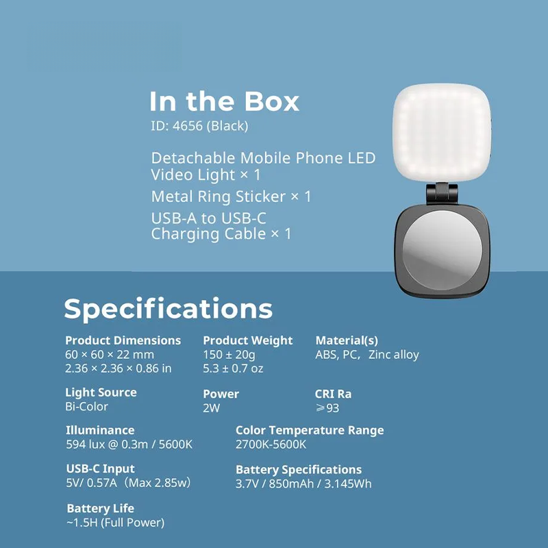 Magnetic Selfie Light for iPhone, Phone Light with a Mirror, Instant Attachment for MagSafe, for Selfies, Video Conference, Vibe P48 Black/White 4656/4933 Convenient Vlogging kit