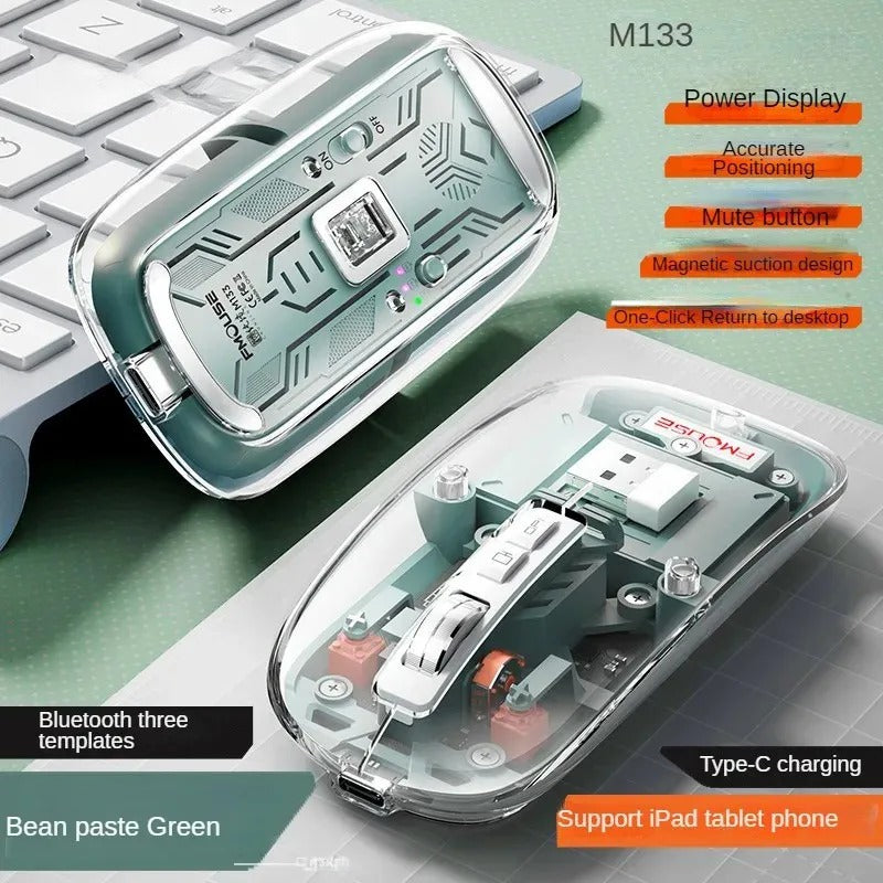 Wireless Rechargeable Bluetooth Mouse BT1 BT2 2.4G Hidden USB Receiver Transparent Clear Cool Shell 4 DPI Adjustable Mute Click, Mini Portable for Business Home&Office PC Win/Mac/Laptop