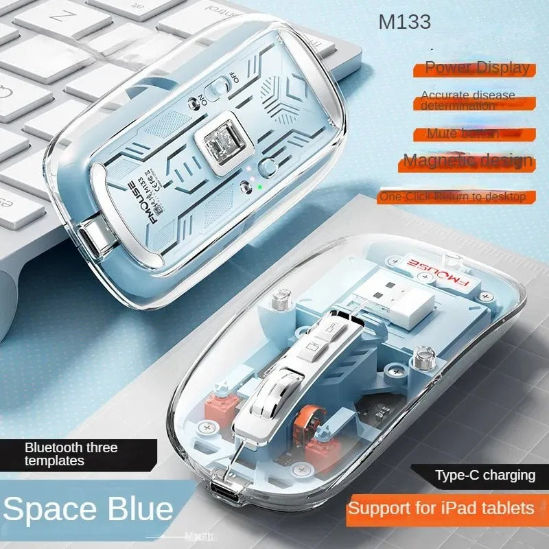 Wireless Rechargeable Bluetooth Mouse BT1 BT2 2.4G Hidden USB Receiver Transparent Clear Cool Shell 4 DPI Adjustable Mute Click, Mini Portable for Business Home&Office PC Win/Mac/Laptop