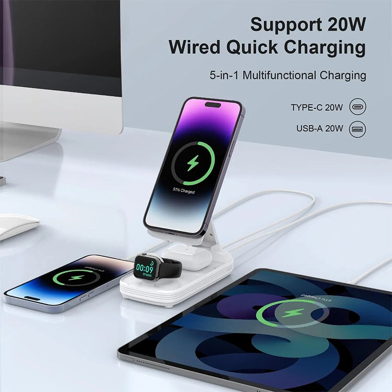 5 in 1 Wireless Charging Station with 10000mAh Power Bank Digital Display Automatic Magnetic 20W Fast Charger Station Stand Compatible with iPhone 15/14/13/12 All Series & AirPods & iWatch