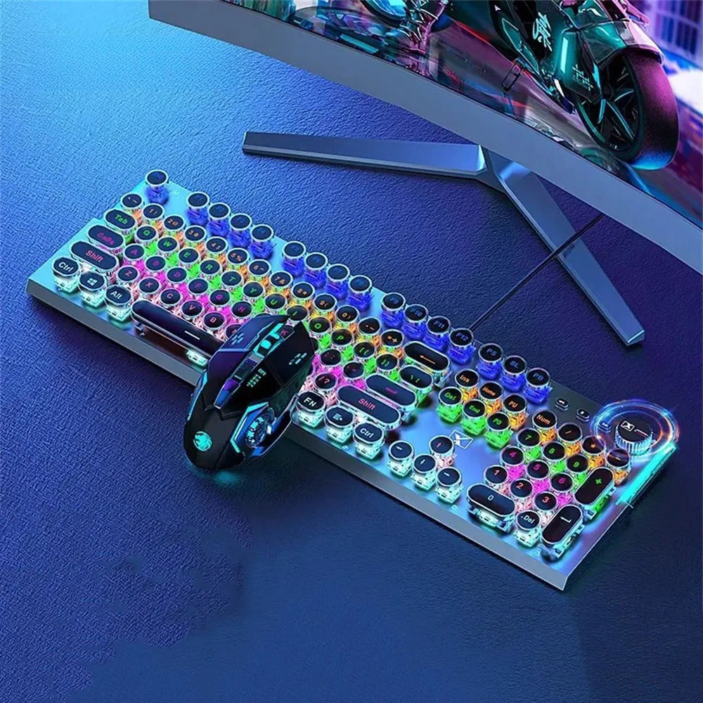 X60 Steam Transparent Punk Vintage Mechanical Keyboard and Mouse Set Game Office Titanium Alloy Keyboard with Knob