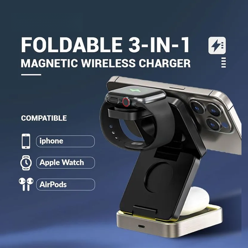 GIVBRO 3 in 1 Magnetic Phone Charger Stand, 3 in 1 Foldable Fast Charging Micro Station, Travel Charger Set for Multiple Devices for iPhone 16 15 14 13 12 Series Foldable Universal smartphone charge wireless