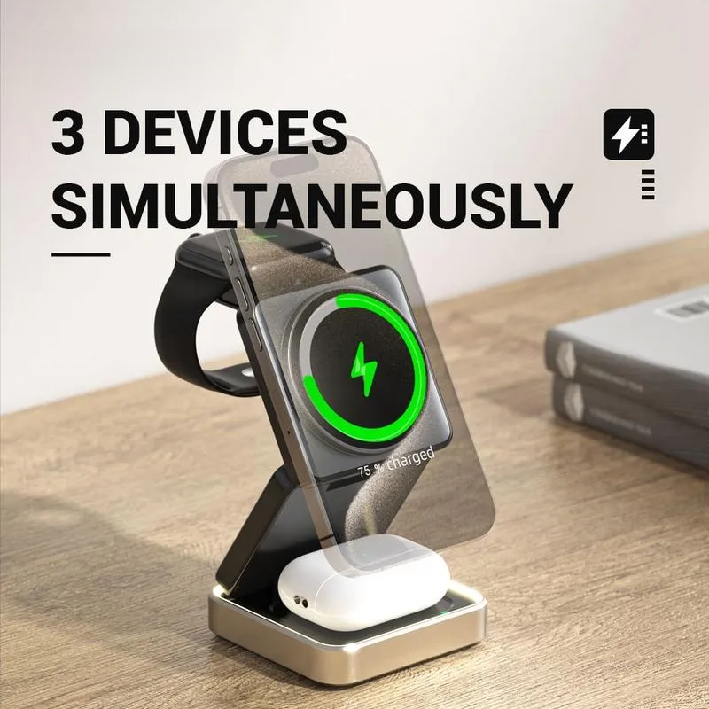 GIVBRO 3 in 1 Magnetic Phone Charger Stand, 3 in 1 Foldable Fast Charging Micro Station, Travel Charger Set for Multiple Devices for iPhone 16 15 14 13 12 Series Foldable Universal smartphone charge wireless