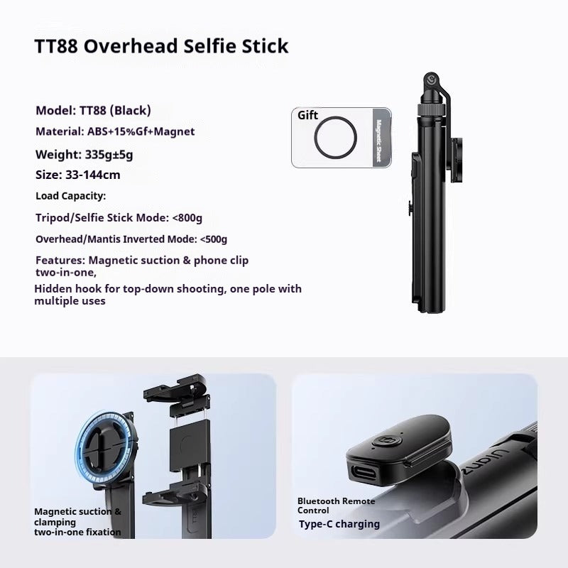 G-OUSSVE TT88 Magnetic Tripod for iPhone 17, 57" Extendable Selfie Stick w Remote, 2-in-1 Phone Clip & Dual Cold Shoe Mounts-Lightweight Phone Tripod Stand for Vlogging, Travel, Video Recording