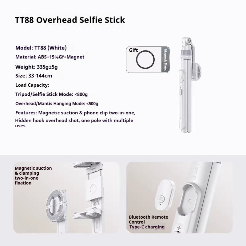 G-OUSSVE TT88 Magnetic Tripod for iPhone 17, 57" Extendable Selfie Stick w Remote, 2-in-1 Phone Clip & Dual Cold Shoe Mounts-Lightweight Phone Tripod Stand for Vlogging, Travel, Video Recording