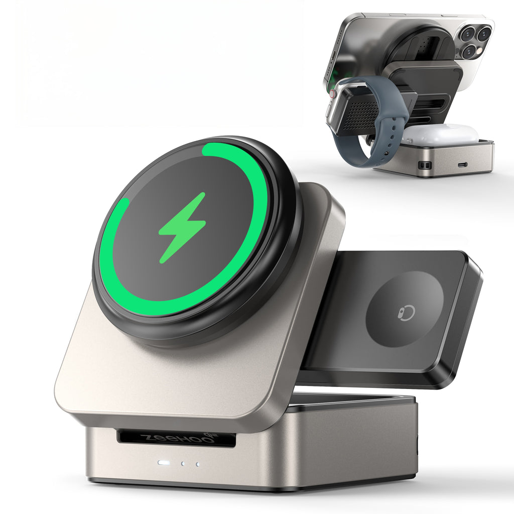 G-OUSSVE 3-in-1 Foldable Magnetic Wireless Charging Station Qi2 Certified 15W Travel Charger Stand Dock for iPhone 17/16/15/14/13/12 Series Apple Watch AirPods