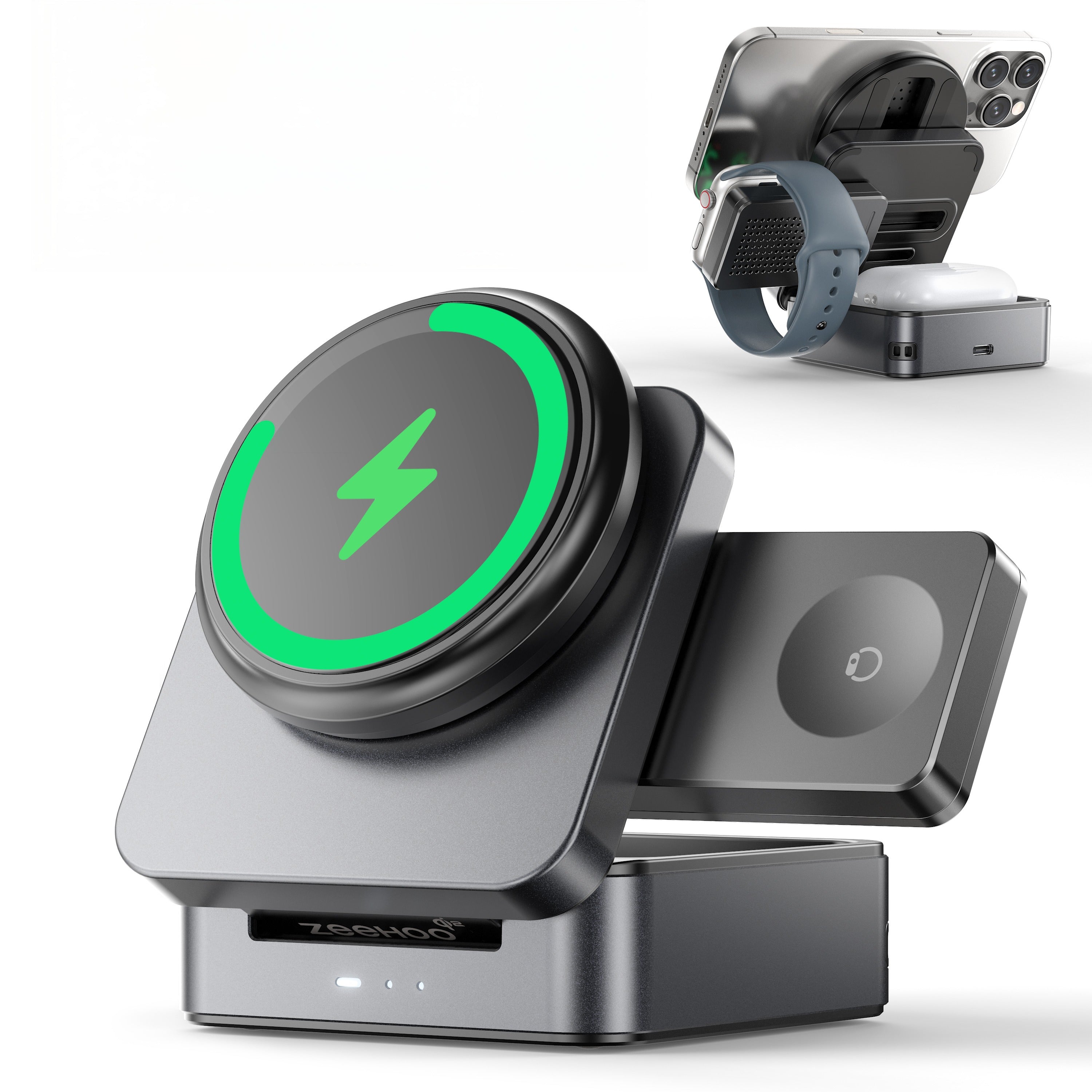 G-OUSSVE 3-in-1 Foldable Magnetic Wireless Charging Station Qi2 Certified 15W Travel Charger Stand Dock for iPhone 17/16/15/14/13/12 Series Apple Watch AirPods