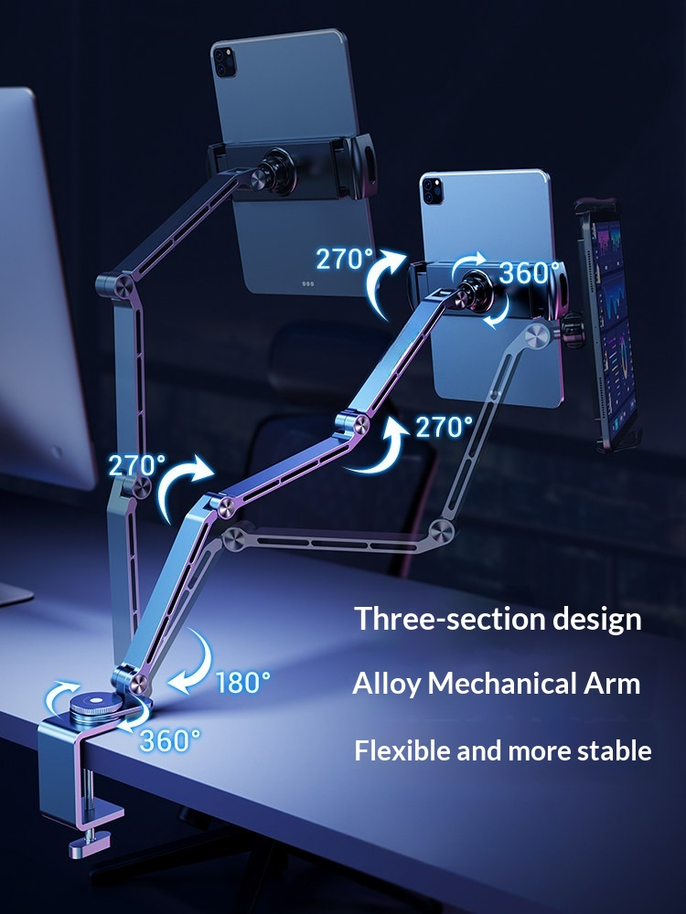 G-OUSSVE Tablet Stand for iPad, Adjustable Aluminum Phone Holder with Magnetic Head & Plastic Clamp, 360° Rotation Bed Mount Compatible with 4-13" Devices