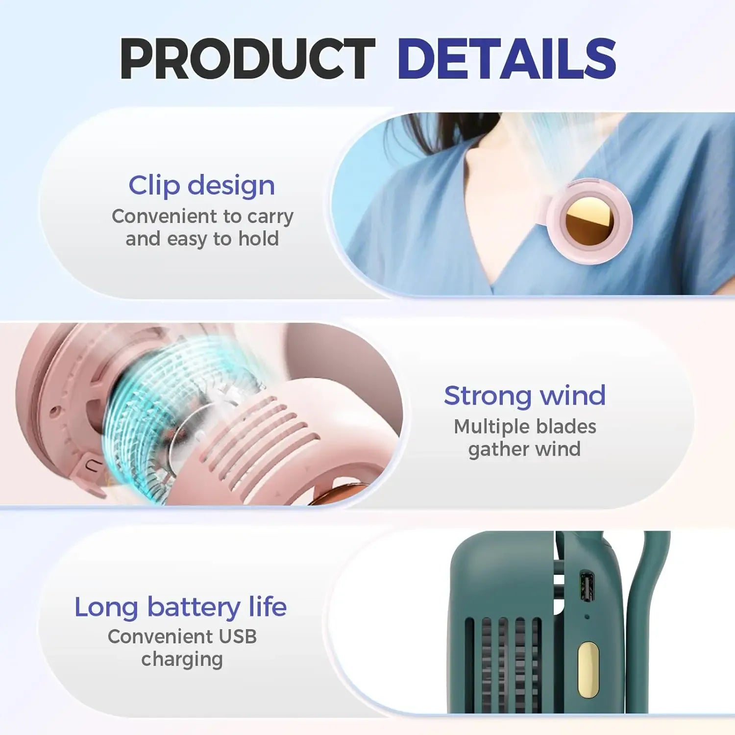 G-OUSSVE Portable Silent Mini Bladeless Electric Fan, Adjustable 3-Speed Suspended Collar & Waist Fans, Rechargeable Rotating Body Fan, Suitable For Outdoor & Travel & Office