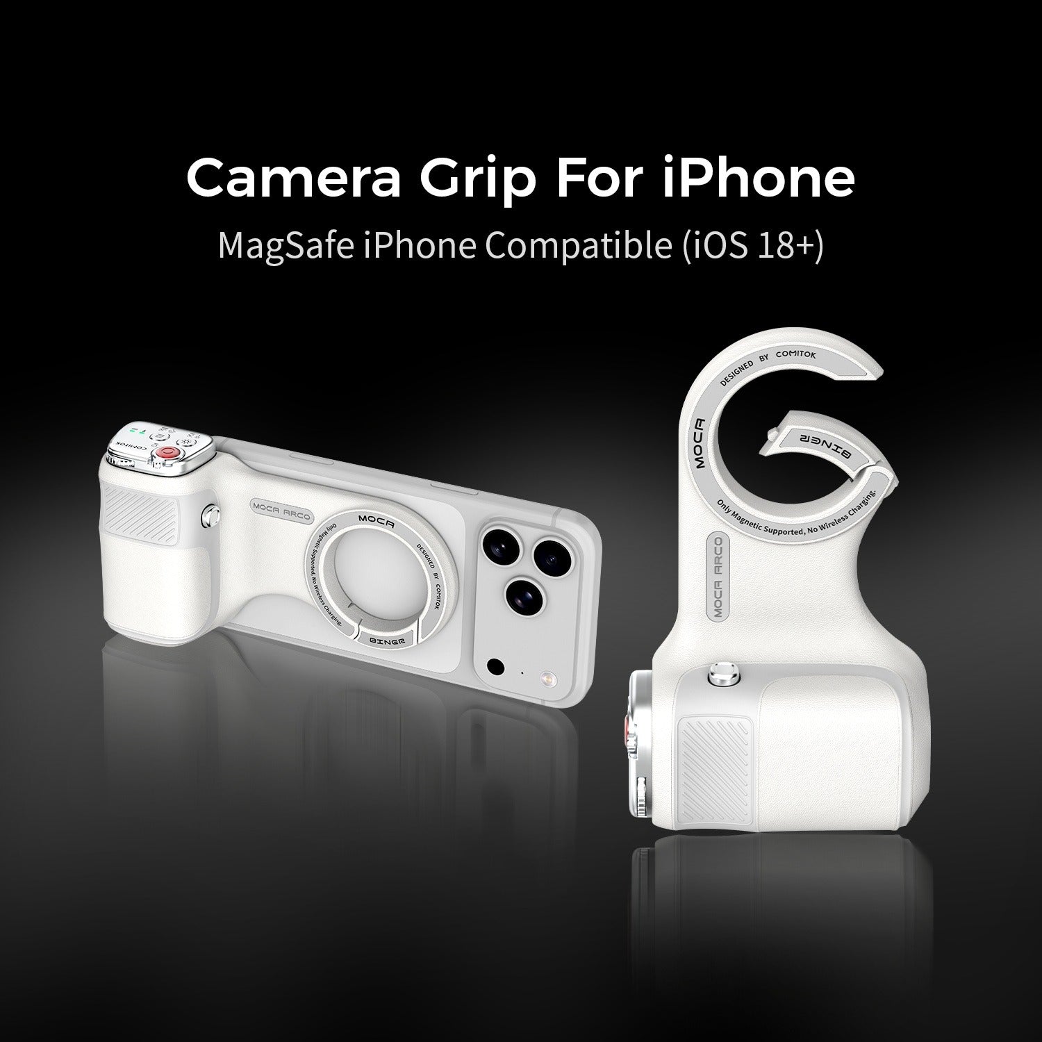 G-OUSSVE Camera Grip for iPhone, Carabiner-Shaped Grip, MagSafe-Compatible Magnetic Phone Grip with Detachable Bluetooth Remote, Type-C Charging, 20m Remote Range