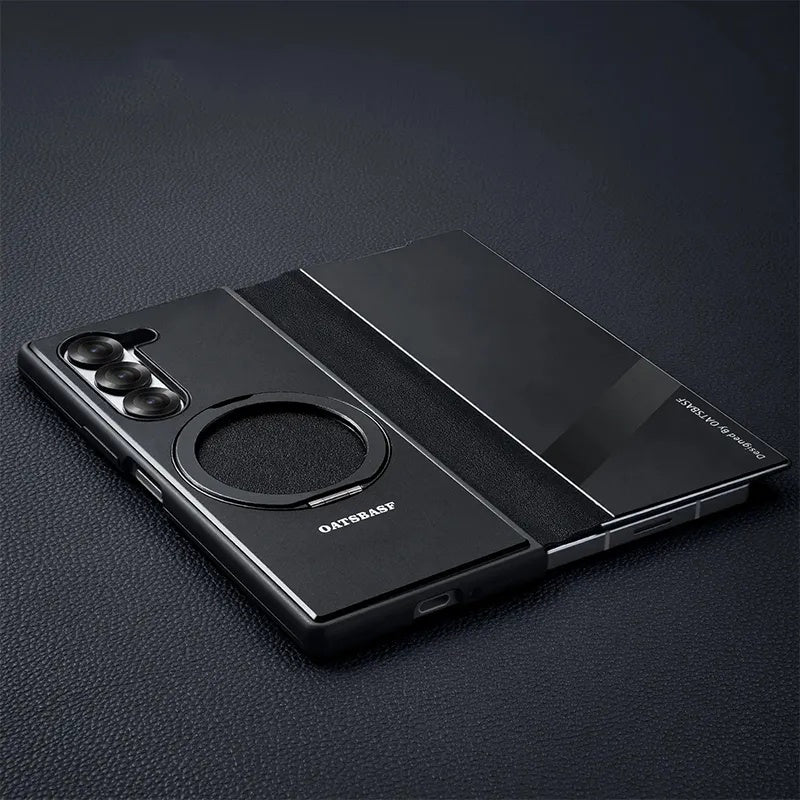 Genuine leather metal flip phone case for Samsung Z Fold6/Fold5. Full coverage with magnetic closure and built-in stand. Premium, ultra-slim design for foldable phones – stylish and protective.
