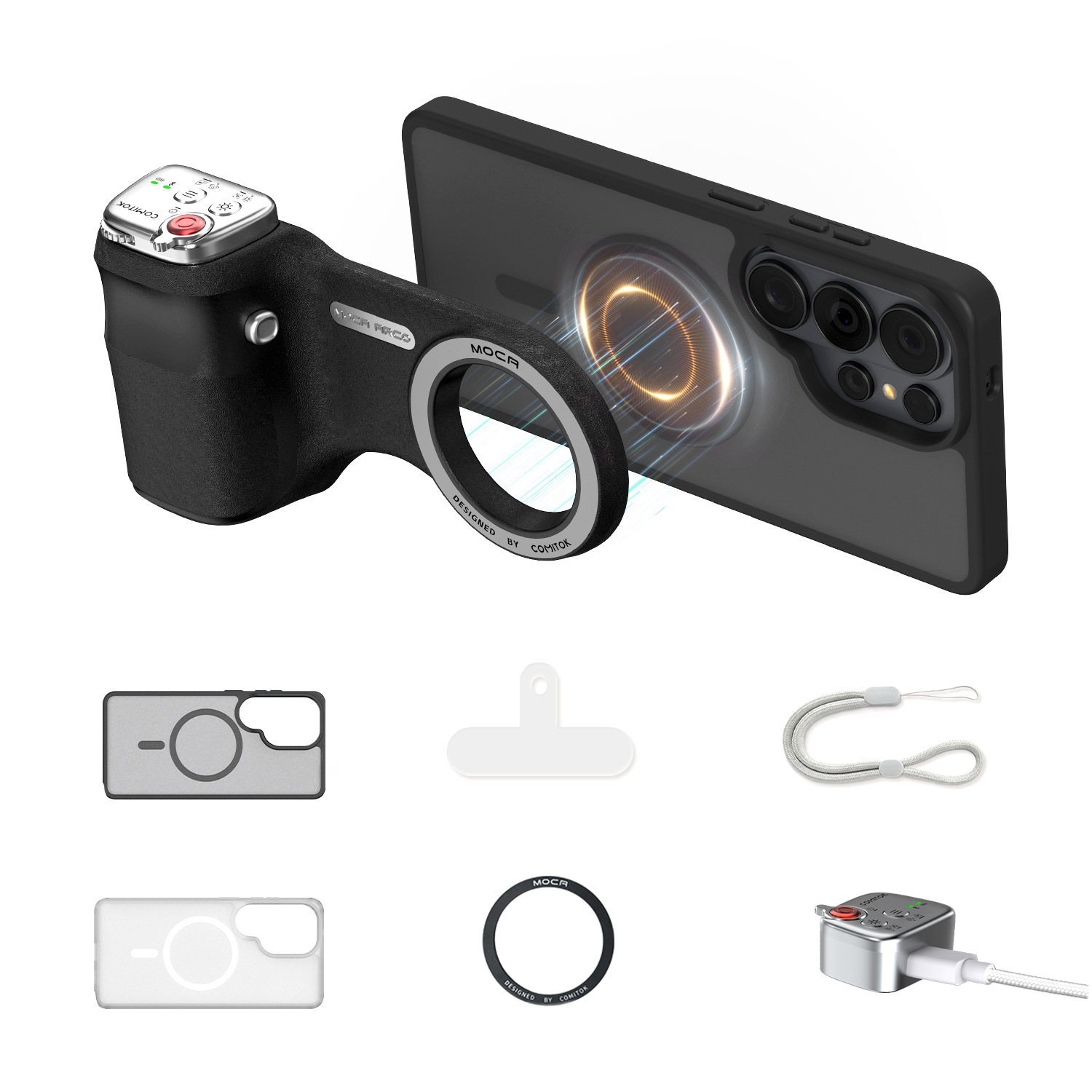 G-OUSSVE Magnetic Handheld Grip Phone Stand Camera Assistant with LED Fill Light, Magnetic Ring and Phone Case, Compatible with iOS 26/iOS 18/iOS 17, Ergonomic Grip, One-Tap Camera, Rechargeable Remote, Ideal for Photography Enthusiasts