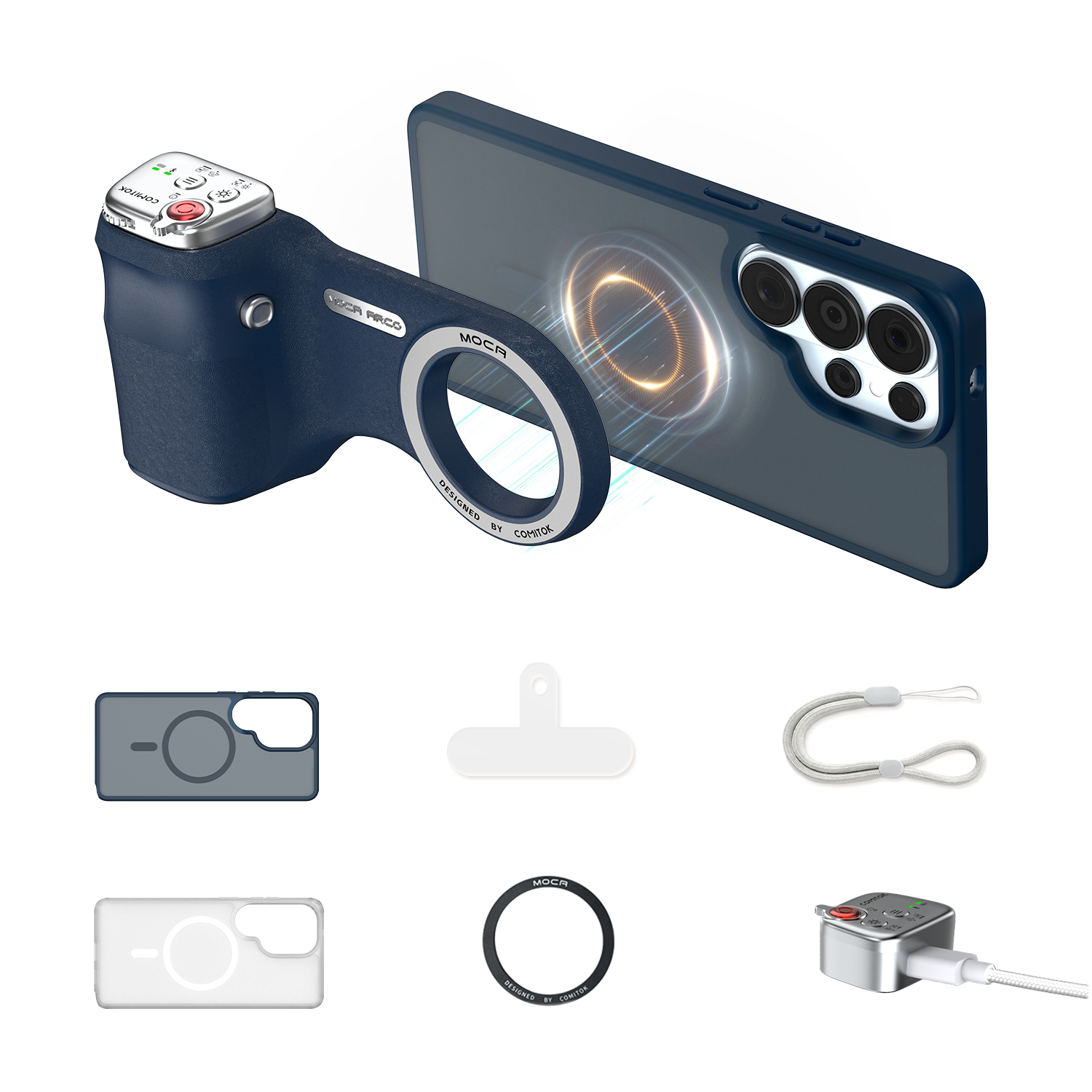 G-OUSSVE Magnetic Handheld Grip Phone Stand Camera Assistant with LED Fill Light, Magnetic Ring and Phone Case, Compatible with iOS 26/iOS 18/iOS 17, Ergonomic Grip, One-Tap Camera, Rechargeable Remote, Ideal for Photography Enthusiasts