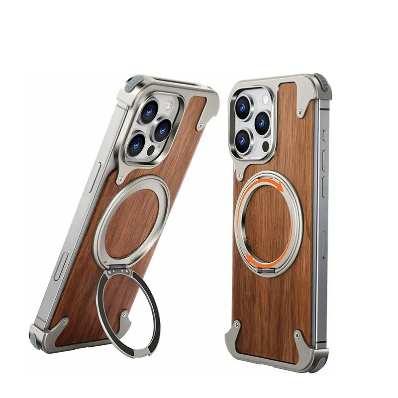 Walnut solid wood iphone case, frameless half-covered metal wood new design, ultra-thin case with heat sink, magnetic stand drop protection cover