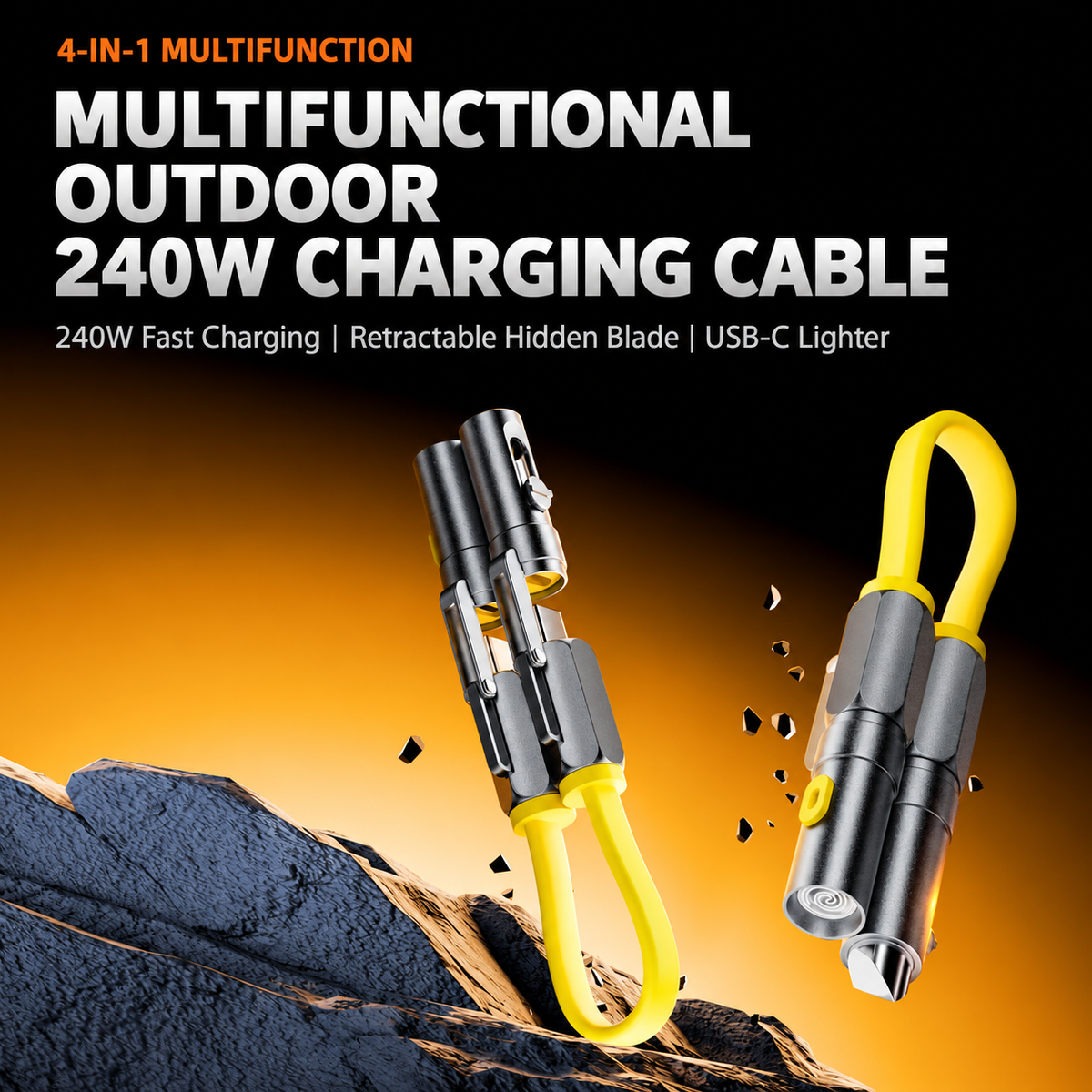 G-OUSSVE Portable Type-C fast-charging cable (240W) for outdoor camping, featuring a four-in-one magnetic lighter and file with a short cable
