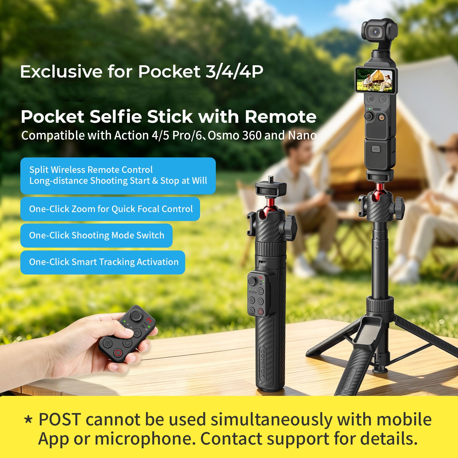 G-OUSSVE  Remote-Control Selfie Stick & Tripod for Pocket and Action Cameras, 66cm Extension Pole with Detachable Remote