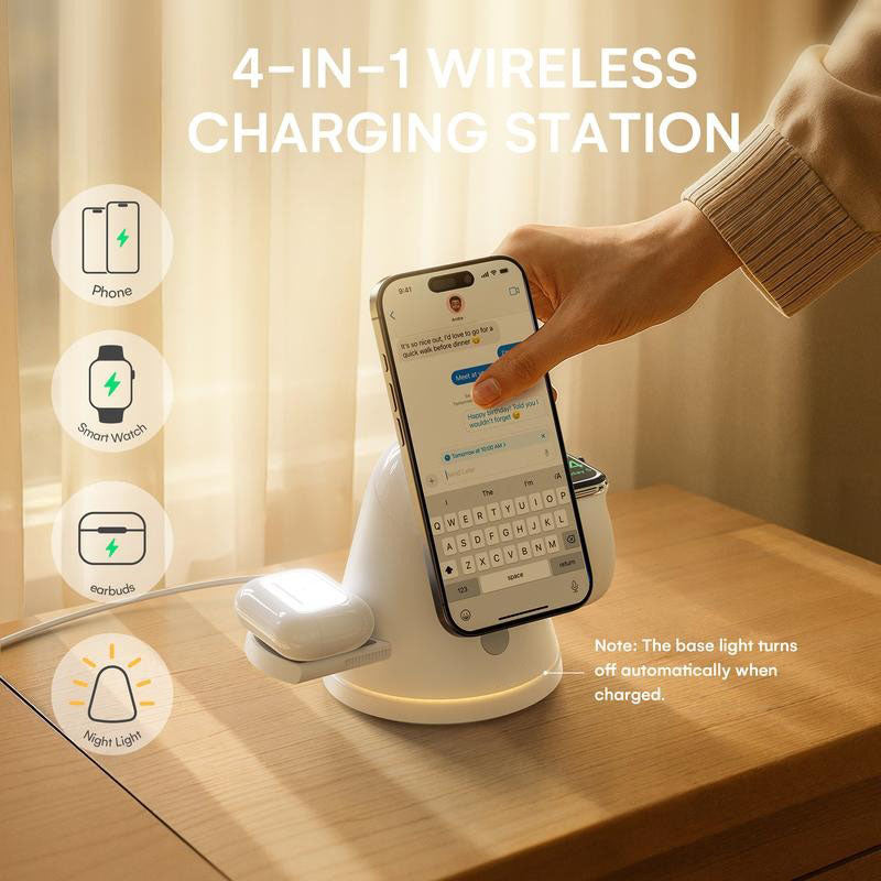 4-in-1 Wireless Charging Station for Apple, 15W Qi2 Mag-safe Charger with Dimmable Light & 360° Rotating Phone Stand, Fast Charger for iPhone 16–12, AirPods, Apple Watch & Samsung Watch