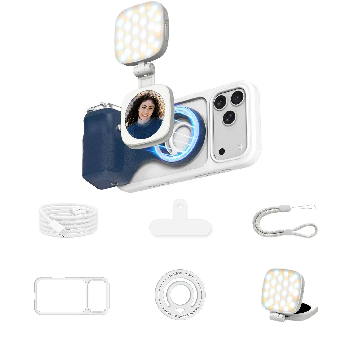 G-OUSSVE Magnetic Handheld Grip Phone Stand Camera Assistant with LED Fill Light, Magnetic Ring and Phone Case, Compatible with iOS 26/iOS 18/iOS 17, Ergonomic Grip, One-Tap Camera, Rechargeable Remote, Ideal for Photography Enthusiasts