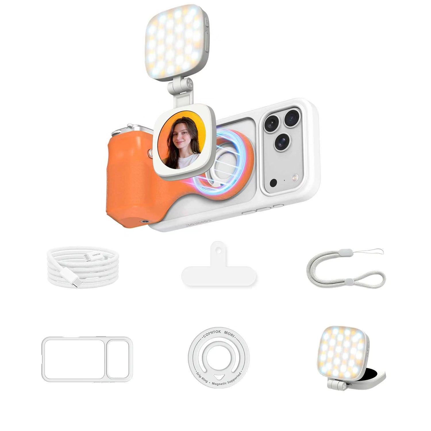 G-OUSSVE Magnetic Handheld Grip Phone Stand Camera Assistant with LED Fill Light, Magnetic Ring and Phone Case, Compatible with iOS 26/iOS 18/iOS 17, Ergonomic Grip, One-Tap Camera, Rechargeable Remote, Ideal for Photography Enthusiasts