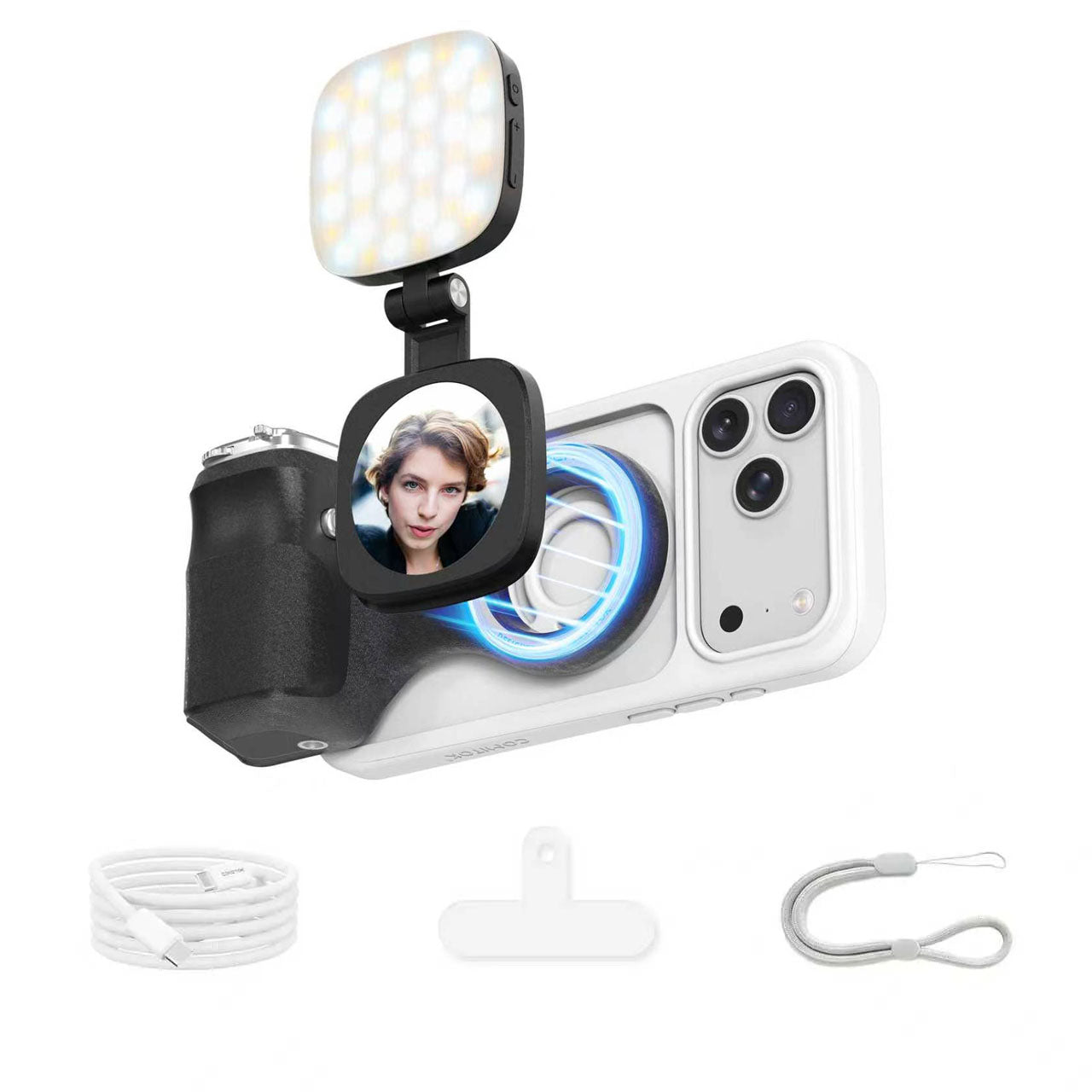 G-OUSSVE Magnetic Handheld Grip Phone Stand Camera Assistant with LED Fill Light, Magnetic Ring and Phone Case, Compatible with iOS 26/iOS 18/iOS 17, Ergonomic Grip, One-Tap Camera, Rechargeable Remote, Ideal for Photography Enthusiasts