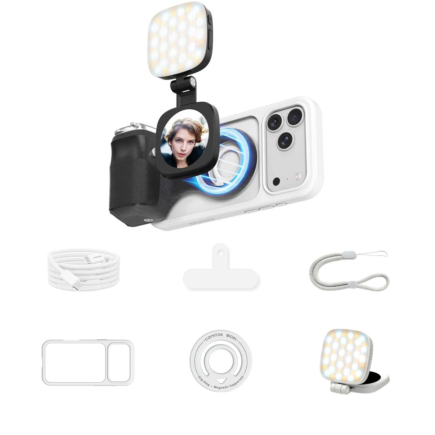 G-OUSSVE Magnetic Handheld Grip Phone Stand Camera Assistant with LED Fill Light, Magnetic Ring and Phone Case, Compatible with iOS 26/iOS 18/iOS 17, Ergonomic Grip, One-Tap Camera, Rechargeable Remote, Ideal for Photography Enthusiasts