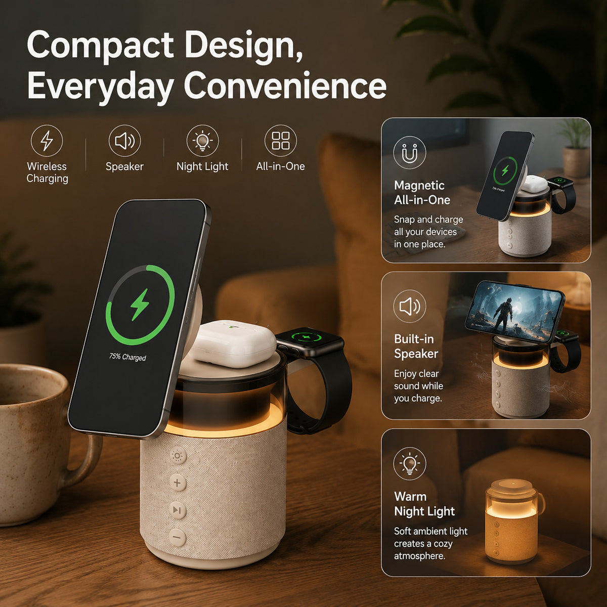 G-OUSSVE 3-in-1 Magnetic Wireless Charging Speaker, Bluetooth Speaker, 15W iPhone Charger, Warm Night Light & Device Stand