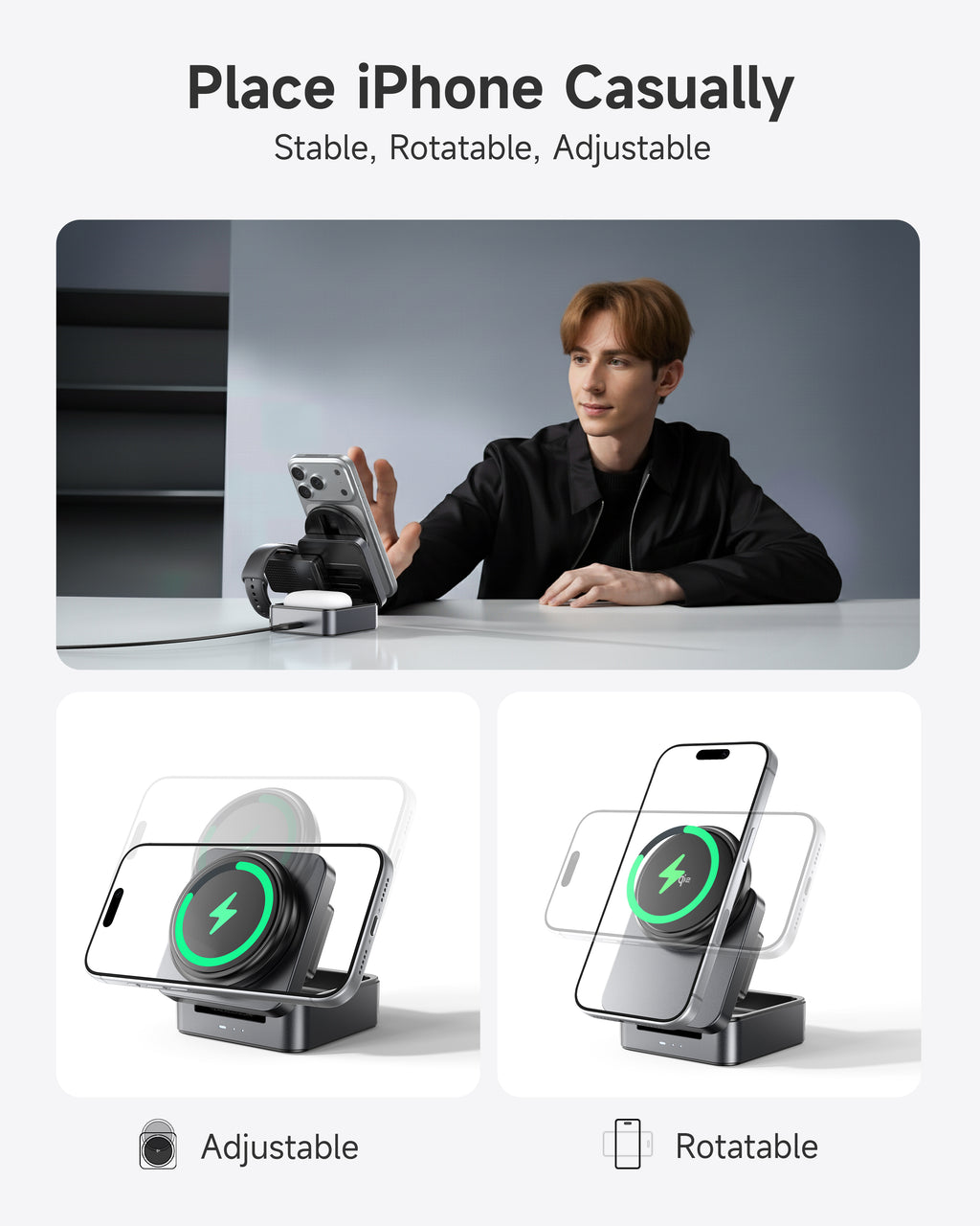 G-OUSSVE 3-in-1 Foldable Magnetic Wireless Charging Station Qi2 Certified 15W Travel Charger Stand Dock for iPhone 17/16/15/14/13/12 Series Apple Watch AirPods