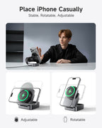 G-OUSSVE 3-in-1 Foldable Magnetic Wireless Charging Station Qi2 Certified 15W Travel Charger Stand Dock for iPhone 17/16/15/14/13/12 Series Apple Watch AirPods