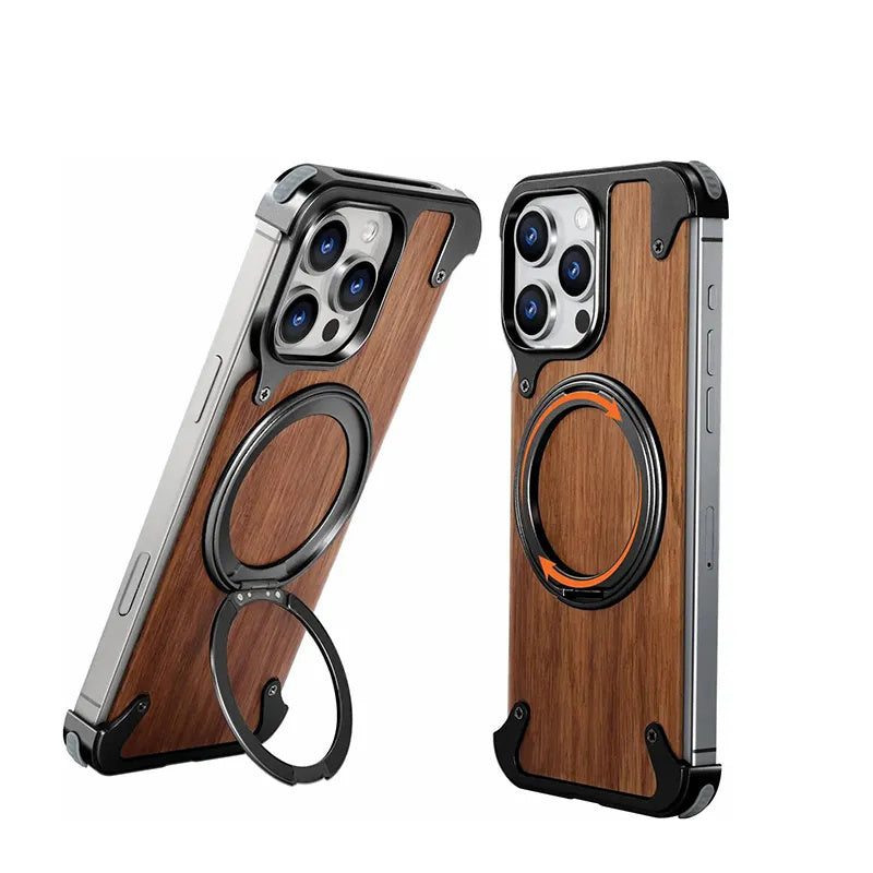 Walnut solid wood iphone case, frameless half-covered metal wood new design, ultra-thin case with heat sink, magnetic stand drop protection cover
