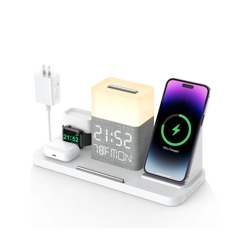 Wireless Charger iPhone 6 in 1 Charging Station, Charger Stand with Alarm Clock for 15/14/13/12/11 Series & AirPods & Apple Watch