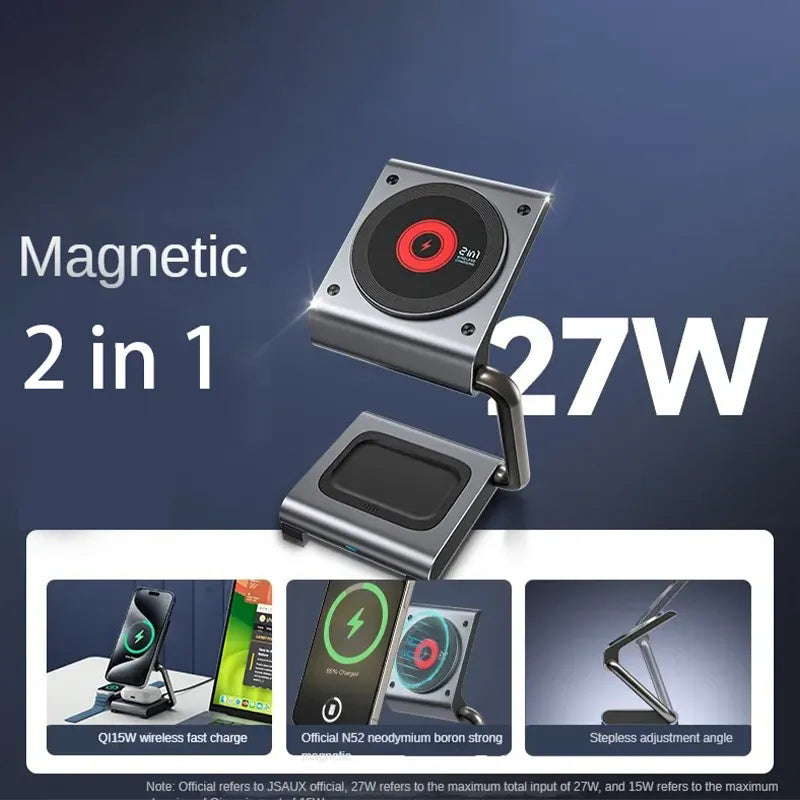 GIVBRO Magsafe Magnetic Wireless Charger Qi Folding Stand Suitable for Apple 16 iPhone 15 Pro 2-in-1 Expansion Phone Earphones Watch 3-in-1 27W Fast Charging Base Portable