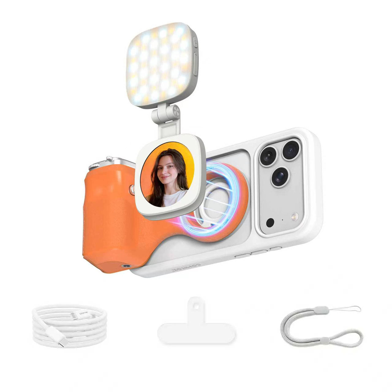 G-OUSSVE Magnetic Handheld Grip Phone Stand Camera Assistant with LED Fill Light, Magnetic Ring and Phone Case, Compatible with iOS 26/iOS 18/iOS 17, Ergonomic Grip, One-Tap Camera, Rechargeable Remote, Ideal for Photography Enthusiasts